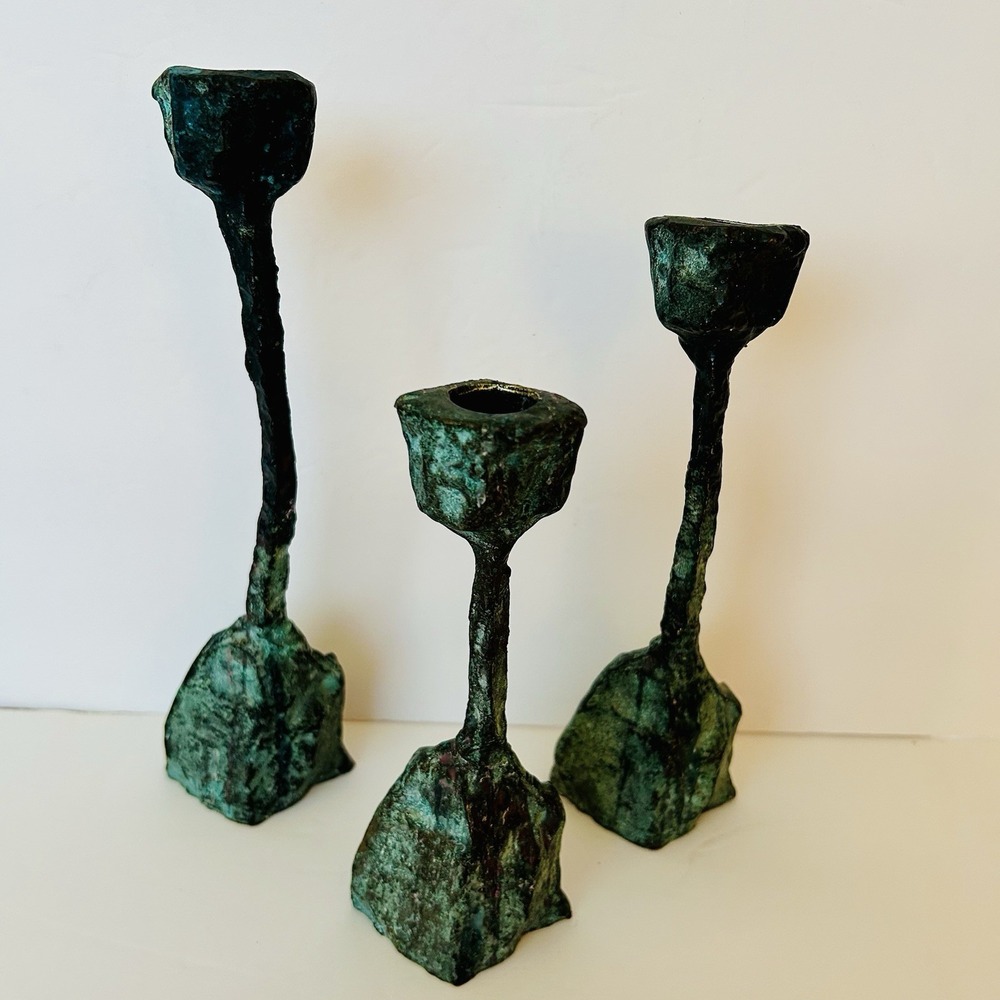 Vintage Brutalist Paul Evans Style Bronze Candle Holders Candlesticks Set of 3